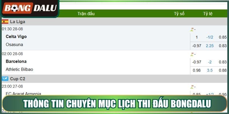 Thông tin chuyên mục lịch thi đấu Bongdalu 