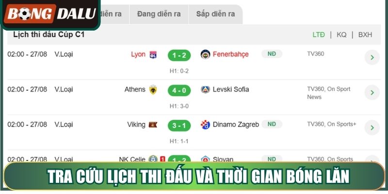 Tra cứu lịch thi đấu và thời gian bóng lăn